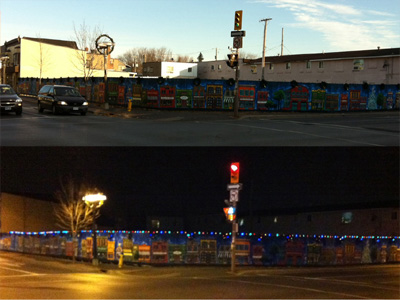 A festive holiday touch added to the mural at Second and Pitt